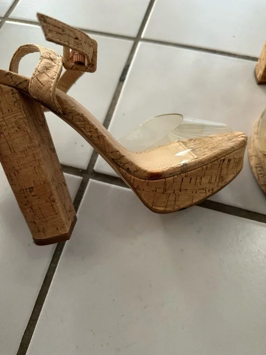 Olivia Platform Cork Block Heels in Natural Cork - Picture 2 of 4